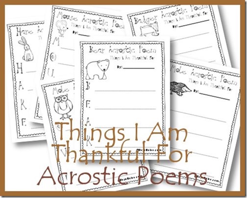 Things I Am Thankful For Acrostic Poems Free Printable to go with Bear Says Thanks - part of the Bear Snores On series