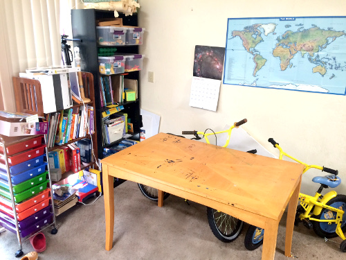 Come see how we make our small homeschool space work!  Tables, desks, bikes, reading corner...we do what works!