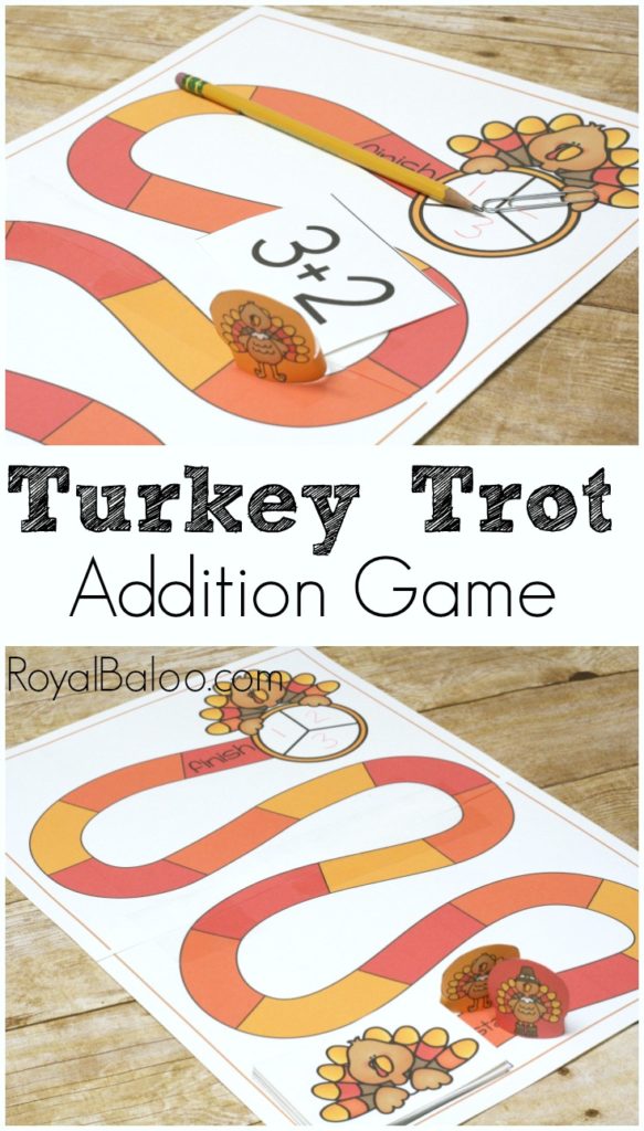 Turkey Trot Thanksgiving Addition Game. Practice counting on with simple addition in this fun Thanksgiving and Turkey themed free printable game.