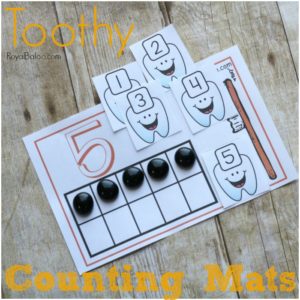 Practice math and good dental health with these adorable tooth counting mats. Count, add, compare, and more with these free printables!