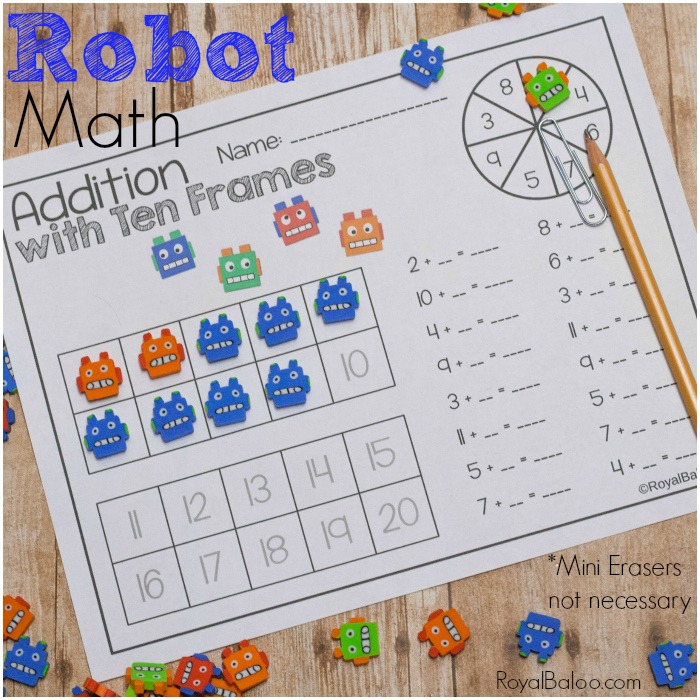 Robot Math Pages with Fun Robot Mini Erasers