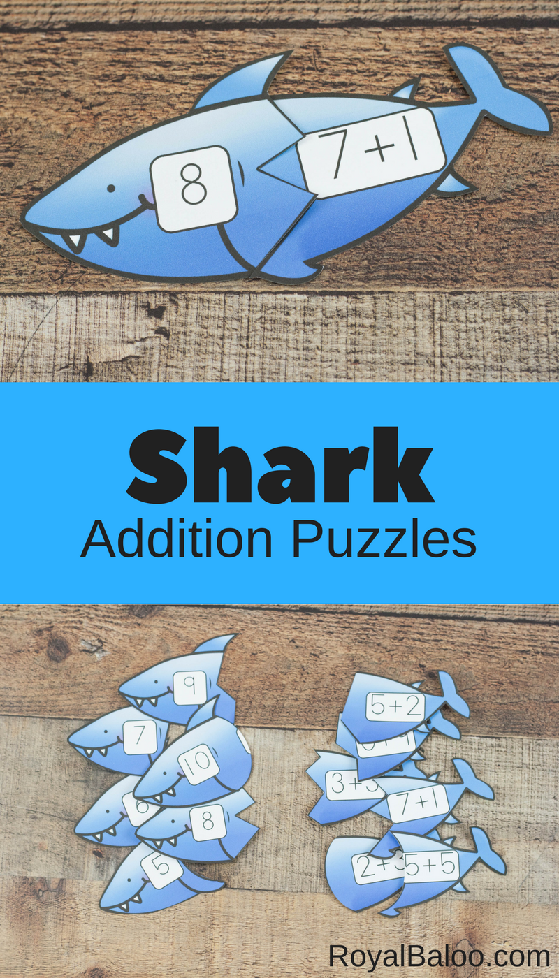 These shark addition puzzles are great fun for beginning addition. Math puzzles for kids are great way to practice some simple math facts.