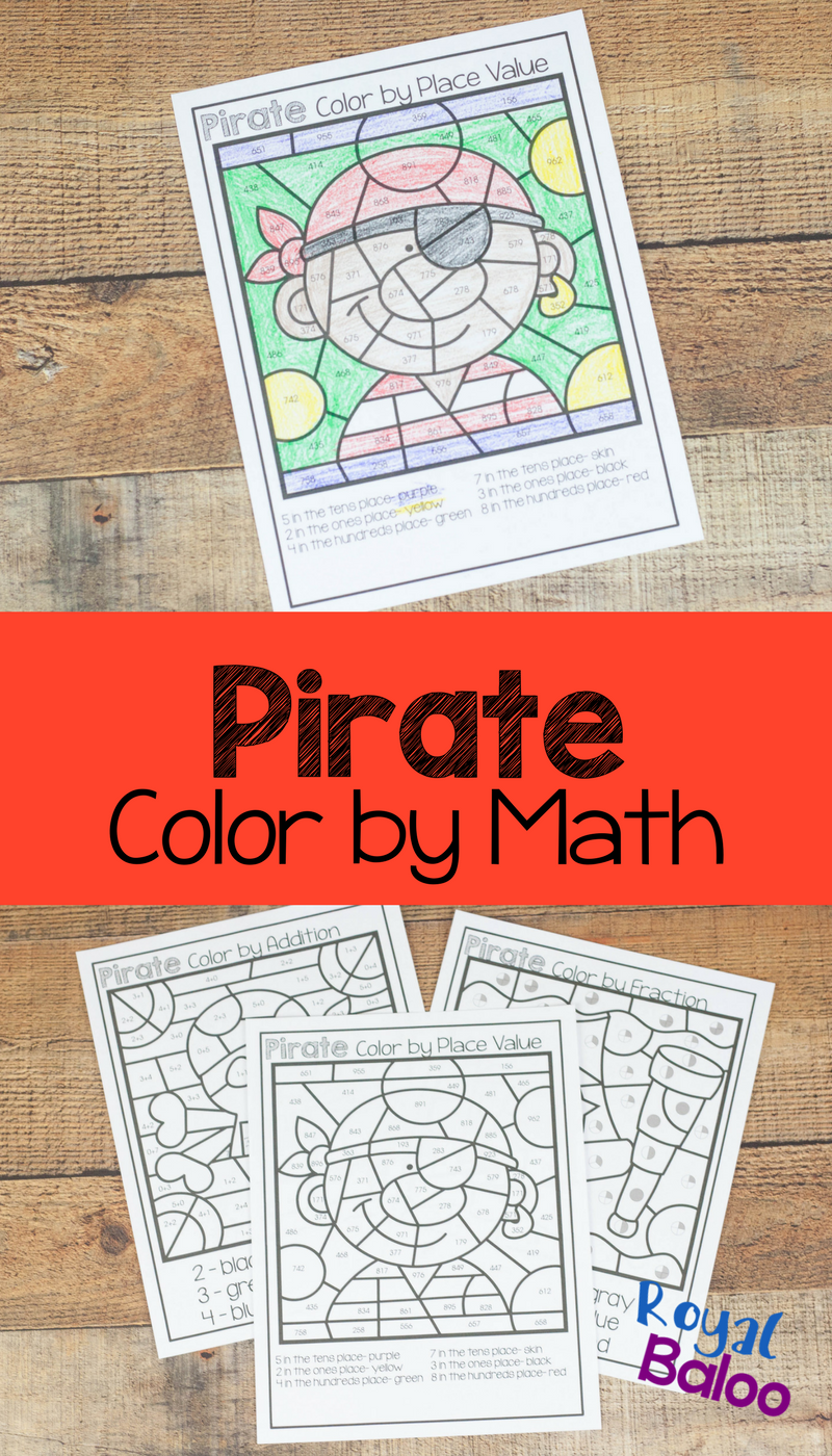 Make math more fun with color by math pages! Addition, fractions, and place value are all covered in this fun pirate math set!