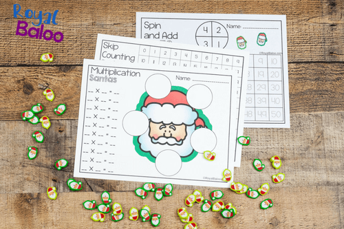 Use mini erasers with this fun Christmas mini eraser math set! Addition, skip counting, multiplication, fractions, and more math concepts!