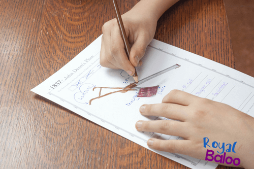 Coloring an American History Timeline workbook page of a plow